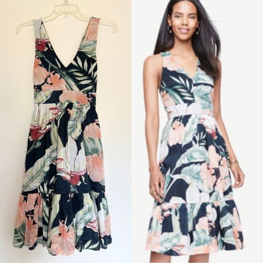 Ann Taylor Native Indigo Blue Island Floral Cross Back Midi Dress Women's 00P